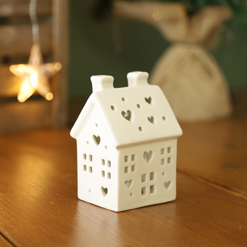 Fyne-Finds Warm LED House White Gloss Ceramic Hut Set Pair
