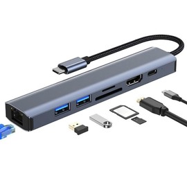 Bolwins Q18CS USB-C Hub 7-in-1, USB Type-C to HDMI 4K, SD/TF Card Reader, 2 x USB 3.0 Ports, Ethernet RJ45 Port, Compatible with MacBook Pro/Air and Other Type-C Devices