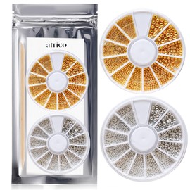 atrico Brion 2 Colors x 6 Sizes Gold & Silver (2 Cases, Wood Sticks Included) Grain Sphere Nail Parts, Handmade Resin Craft