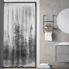 puuiui Misty Forest Shower Curtain Tree Grey Mens Black and White Nature Bathroom Decor, Waterproof Cloth Fabric with Hooks, 48x72 inch