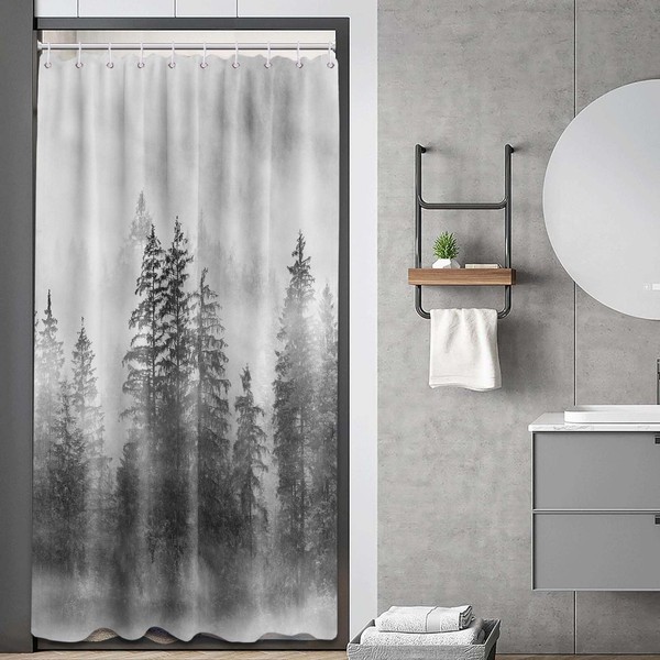 puuiui Misty Forest Shower Curtain Tree Grey Mens Black and