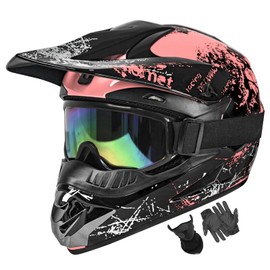 Dirt Bike Helmets Youth Motocross, Motorcycle, BMX, ATV, Off-Road, Kids Four Wheeler, Moutain Bike Helmets Dot Approved (Goggles Gloves Faceshield) (LightPink, Small)
