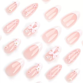 French Tip Press on Nails Short Almond Fake Nails 3D Flowers False Nails with Bow Charms Glue on Spring Acrylic Nails Nude Nature Ballet Artificial Nails for Women Manicure Nails Decoration 24Pcs