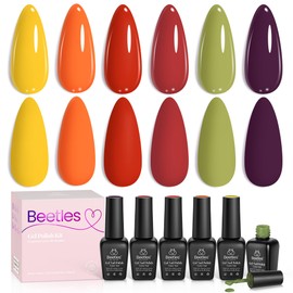 Beetles Fall Gel Nail Polish Set – 6 Autumn Colors Gel Polish Kit for Nails, Red Yellow Orange Green Purple Soak Off UV LED Gel Nail Polish for Fall Manicure Nail Art at Home or Salon
