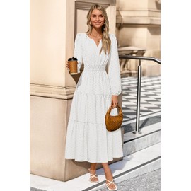 MEROKEETY Women's Fall Long Sleeve Maxi Dress 2025 Fashion Ruffle Tiered Boho Swiss Dots Wedding Guest Dresses, White, Medium