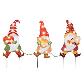 Bshine Fall Yard Decorations Gnome Garden Stakes, Harvest Outdoor Fall Decorations with LED Light Metal Waterproof Sign, Thanksgiving Fall Porch Decor Home for Lawn, Patio, Pathway, 3 Pack