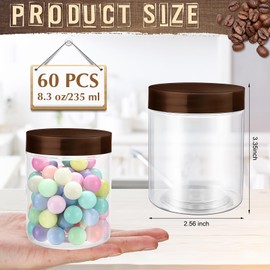Sliner 60 Pcs 8 oz Plastic Jars with Lids Clear Round Leakproof Storage Containers Empty Refillable Plastic Mason Jars for Travel Storage Face Creams Kitchen Household Food Spice (Brown)