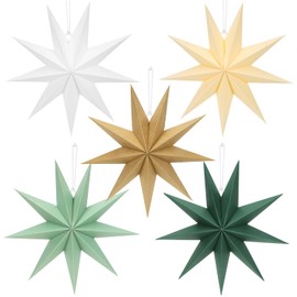 Pack of 5 Folding Stars Christmas Beige Sage Green, 30 cm Brown Paper Stars for Hanging, 9 Pointed Dark Green Paper Folding Stars, White Paper Stars Decoration for Christmas, Advent, Wedding, Birthday