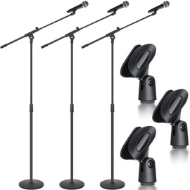 DoubleFill 3 Pack One Hand Microphone Stand with Weighted Heavy Round Base, 3 to 5.3 ft Height Adjustment Microphone Stands, Telescoping Mic Boom Arm, Mic Holder for Singing Concert Performances