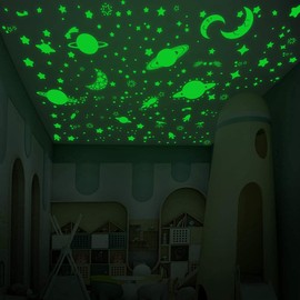 Alnicov Luminous Stars and Planets Wall Stickers Luminous Galaxy Moon Stars Rocket Ceiling DIY Wall Stickers for Bedroom Living Room Birthday Christmas Decoration Green