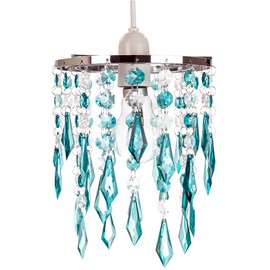 Modern Waterfall Design Easy Fit Pendant Shade with Clear/Teal Acrylic Droplets and Beads - Chrome Metal Rings - 16cm Diameter by Happy Homewares
