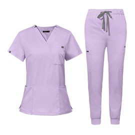niaahinn Scrub for Women Scrubs Top with Classic V-Neck & Yoga Jogger Pants Medical Nursing Uniform Scrub Set (Lavender, XL)