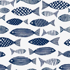 Fvlow Fishes Wallpaper Peel and Stick Blue Fish Contact Paper White Floral Boho Wallpaper Waterproof Self-Adhesive Wall Covering for Bedroom Countertop Desk Cabinets Decor 17.4" x 393"