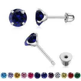 Round Cubic Zirconia Stud Earrings for Women Girls, 4mm Birthstone Stud Earrings Hypoallergenic Flat Back Stud Earrings Stainless Steel Cartilage Earrings Brilliant Handmade Screw Back Earrings (09-September-Sliver)