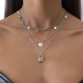 JWICOS Silver Multi Layered Boho Bohemian Style Chain Necklace Dainty Initial Disc Round and Lock Pendant for Women and Girls (Silver)