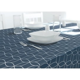 Dehaus® Wipe Clean Table Cloth - Navy Geo Flow - Wipeable PVC Oilcloth Table Cover - Rectangular Plastic Vinyl Tablecloth - Water Resistant Easy Clean - Kitchen Dining Protector (140 x 200cm)