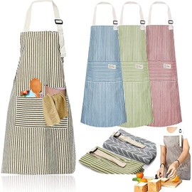 Senteen Cotton Kitchen Apron, Pack of 4, Cooking Apron, Adjustable Apron with Pockets, Women and Men, for Cooking, Baking, Painting, Housework (Blue, Green, Red, Brown), colour