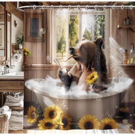 Aeivice Bear Shower Curtain Funny Farmhouse Cabin Wildlife Sunflower Shower Curtain Set, Western Rustic Animal Bathing in Bathtub Bubbles Cute Fabric Bathroom Accessories with 12PCS Hooks 72X72IN