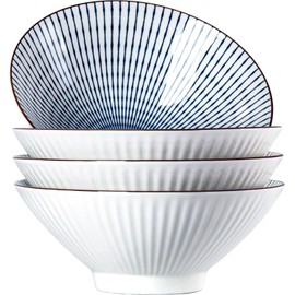 Yuanlity 38 oz Japanese Ramen Bowl Set of 4 - Large 8 Inch Ceramic Soup Bowls, Blue and White Japanese Noodle Bowls for Pho, Ramen, and Cereal - Striped Patterns