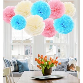 12 Pcs Mixed Tissue Paper Pompoms Pom Poms Hanging Garland Wedding Party Decor by A Liittle Tree (Pink & Blue Shade)