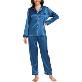 Vlazom Pyjamas for Women, Soft Satin Long Sleeve Pjs Set Two Piece Silk Pyjamas Classic Button Down Sleepwear Loungewear for All Seasons Peacock Blue,XXL
