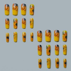 Glitter Yellow Flower Press on Nails Medium Coffin Fake Nails Flower False Nails with Chrysanthemums Designs Glossy Stick on Artificial Nails Spring Summer Acrylic Nail Decorations for Women 24 Pcs