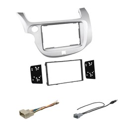Silver Double DIN Car Stereo Install Dash Kit, Wire Harness, and AM/FM Radio Antenna Adapter Combo -Made for 2009-2013 Honda Fit