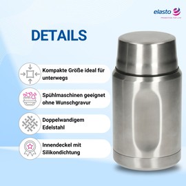 elasto PROMOTION FOR LIFE Stainless Steel Thermal Container 'Take Away' - 0.5 L Container - Insulated Container for Food - Leak-Proof Lunch Box for Children and Adults - Food Jar with Spoon, Colour: