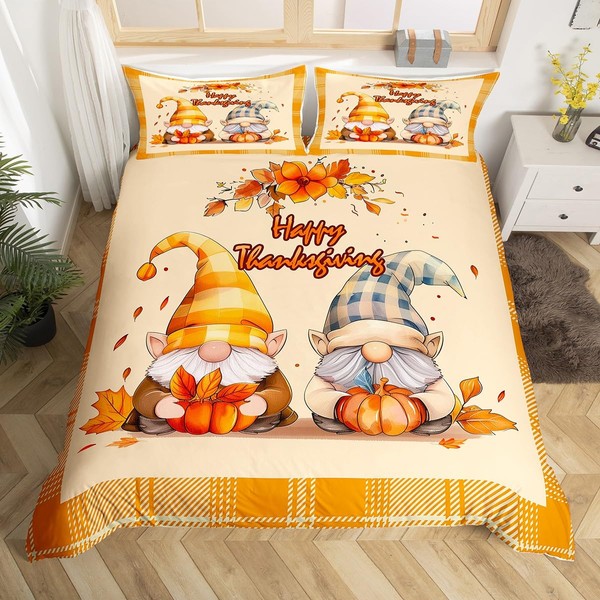 Fall Gnomes Duvet Cover Set King Size, Thanksgiving Day Harvest