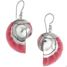 Natural Nautilus Ocean Shell Pink Resin Fill 925 Sterling Silver Earrings, 1 1/8"