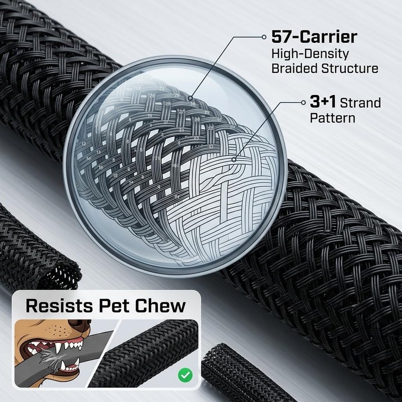Cable Management Sleeve 10ft, Cat & Dog Chew Resistant Cord