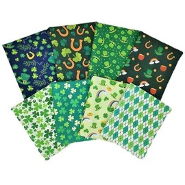 CraftsFabrics 8 Pieces Pre Cut Polyester Quilting Fabrics Patchwork Green Irish Party Pattern Leprechaun Clover St Patrick's Day Fabric Squares