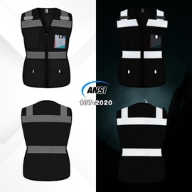 Uno Mejor Womens Safety Vest with 11 Pockets Hi Vis Mesh Reflective Safety Vest for Women, Lady Neon Construction Work Vest with Zipper, Snug-Fit & Durable, ANSI Compliant, (U-Black, L)