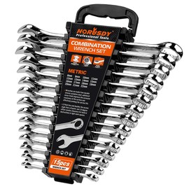 HORUSDY 15-Piece Metric Wrench Sets, Premium Combination Wrench Set Metric 8-22mm, Max Torque, 12-Point, Chrome Vanadium Steel, with Storage Rack