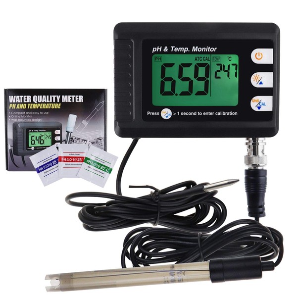 2 in 1 Temperature pH Monitor Meter Tester Sensor test Kit 0~14 pH Automatic Calibration BNC electrode Probe for Hydroponics Aquarium Lab Testing Food Drinking Water pH of saltwater/seawater