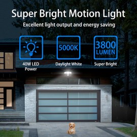 AWSENS Upgraded 3 Head LED Security Lights with Motion Sensor, 40W, 3800LM, Motion Security Light, 5000k, ETL Water Resistant, Motion Detected Flood Light for Garage, Yard, Porch (White)