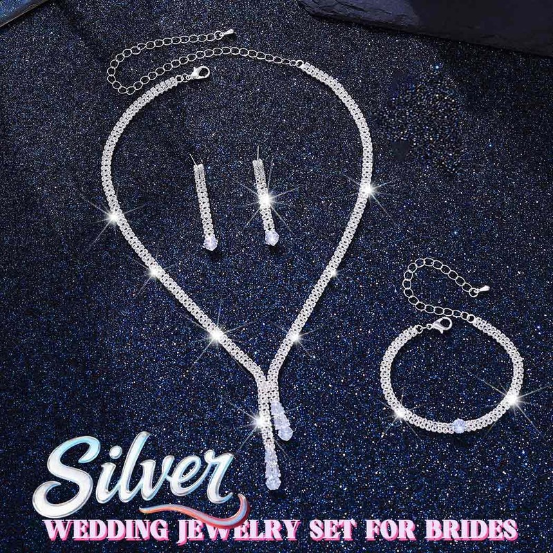 Rhinestone Silver Jewelry Set Bridal Necklace Earrings for Women