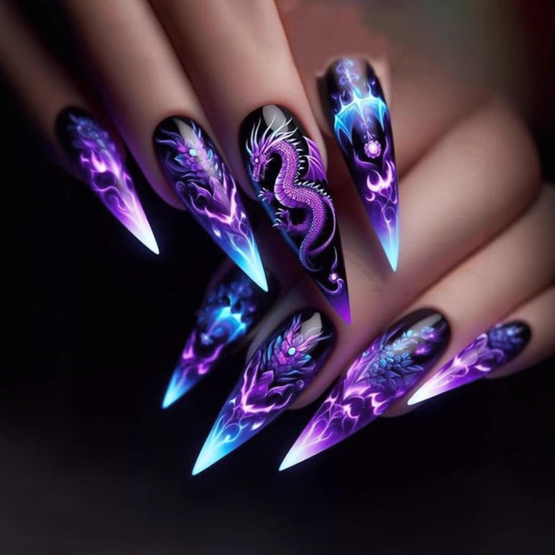 Long Stiletto Press on Nails Chinese Dragon Cool Flame Design