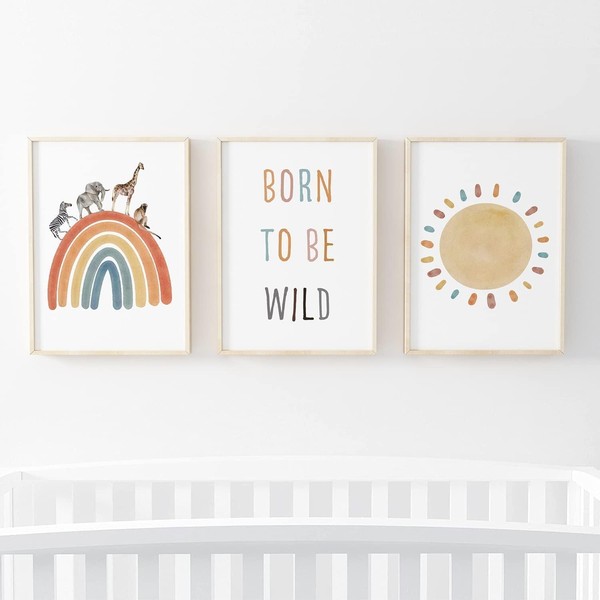 Safari Prints for Nursery | Animal Rainbow | Set of 3 | Children’s Bedroom Prints | Frames not Included (A4)