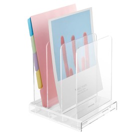 Homakover Acrylic Desk Organizer and File Organizer, 3 Slots Desktop File Organizer Standing Rack on Table for Magazines, Binders, Mails & CD Records Storage Holder with Detachable Dividers