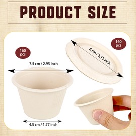 Medanera 160 Pcs 4 oz Bagasse Fiber Souffle Cups with Lids Natural Disposable Paper Condiment Cups Portion Cups Sample Bowls for Snack Tasting Salad Dressing Food Storage
