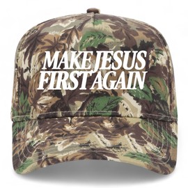 Make Jesus First Again Vintage Trucker Hat | God | Premium Snapback Baseball Hat for Men & Women (US, Alpha, One Size, Camo)