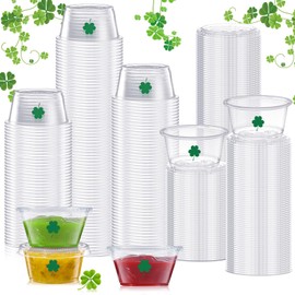 HSLCGF 150 Pcs 2 Oz Jello Shot Cups with Lids St. Patrick's Disposable Mini Sauce Cups 2 Oz Plastic Containers with Lids St. Patrick's Day Green Shamrock Shot Cups for St Patrick's Day Party Supplies