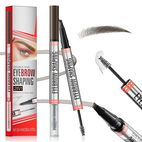 2-in-1 Dual-Ended Microblading Eyebrow Pencil with Brow Gel, Waterproof 4-Fork-Tip