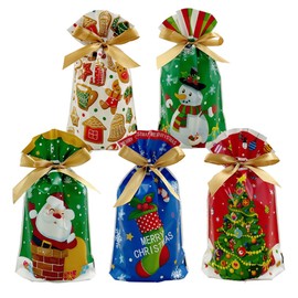 VIFOME 25 Pcs Colorful Xmas Treat Bags - Plastic Drawstring Santa Gift Bags for Christmas Party Decoration