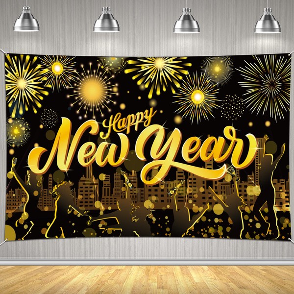 DPKOW 2024 Happy New Year Banner Black Gold, Large Fabric Photo Backdrop New Years Background Banner for 2024 New Year Eve Party Supplies, 2024 New Year Decorations Champagne Fireworks, 185 * 110cm
