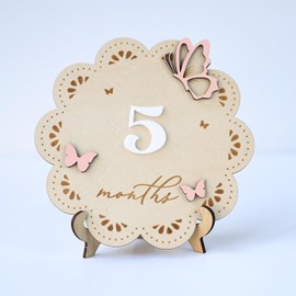 Wooden Baby Monthly Milestone Sign, 5 Months, Pink Butterfly Design, Nursery Photo Prop (Butterfly)