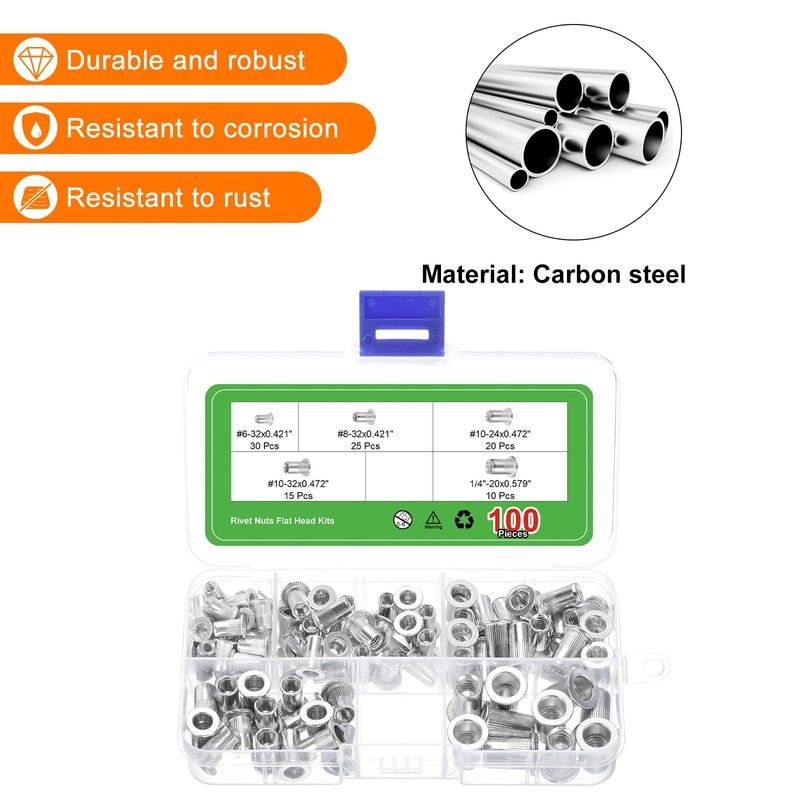 sourcing map 100Pcs Rivet Nuts, #6-32, #8-32, #10-24, #10-32, 1/4"-20