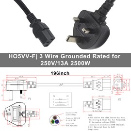 KC cable UK Computer Power Cable, 5m Replacement AC Power Cord, 13A 250V BS 1363 to C13 Kettle Lead/UK Power Cord, Power Supply Cable, TV/Monitor Power Cable,black