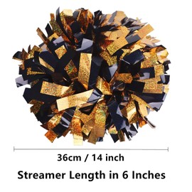 GUIFIER 2 Pack 6 Inches Metallic Holographic Cheerleading Pom Poms, Cheer Pom Pom with Baton Handle, Pompoms Cheerleader for Kids Girls Cheering Squad Daily Training Team Spirit (Black and Gold)